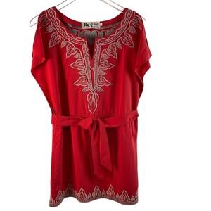 C. Luce Red Embroidered Dress With Slit Sleeves Size Small